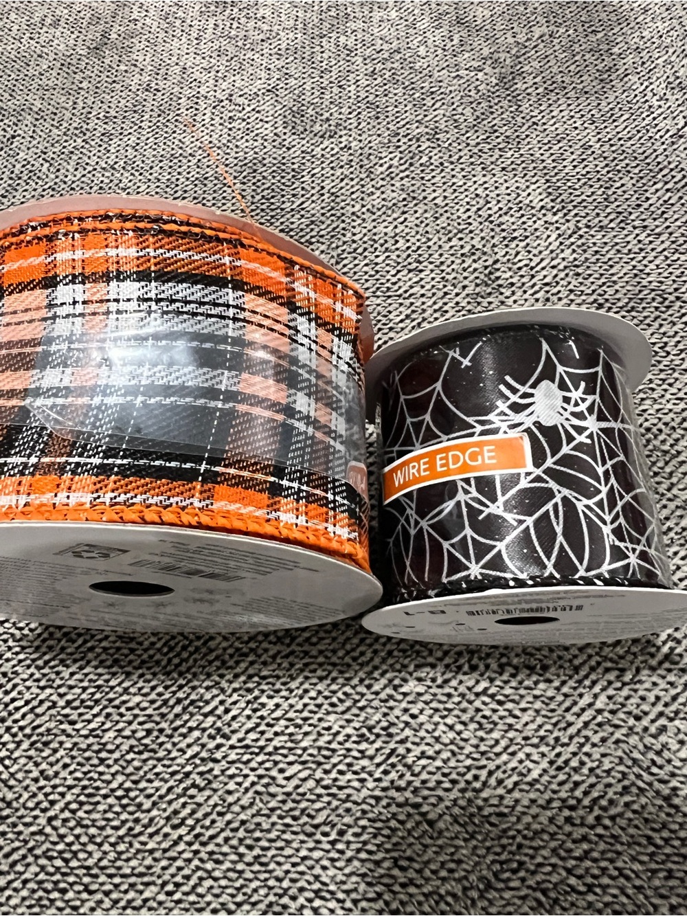 Halloween Plaid and Spider Web Wired Ribbon Set - Orange & Black